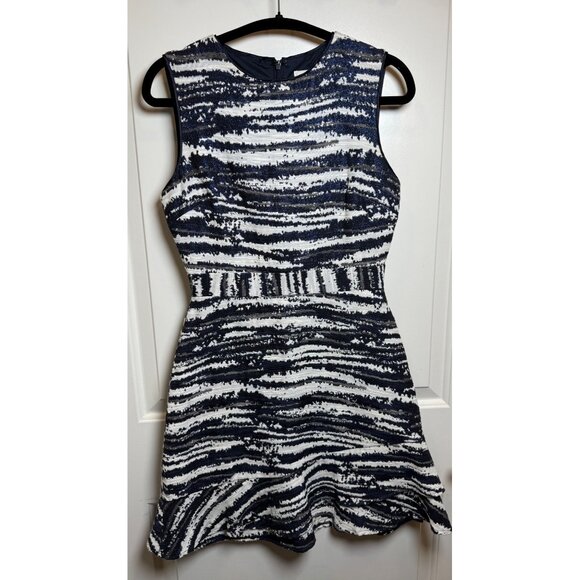 Reiss Crystal Metallic Jacquard Fit & Flare Dress Size 4 | Navy White Striped Pa - Picture 1 of 7